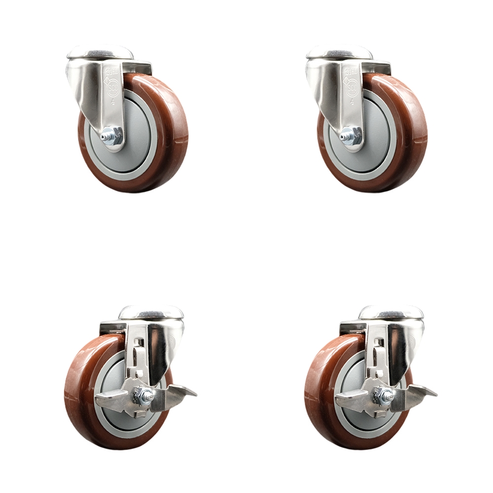 Polyurethane Swivel Bolt Hole Caster Set of 4 with 4 Inch Maroon Caster Wheels - 316 Stainless Steel Casters - Includes 2 Swivel with Top Lock Brakes and 2 Swivel - Service Caster Brand — photo 1