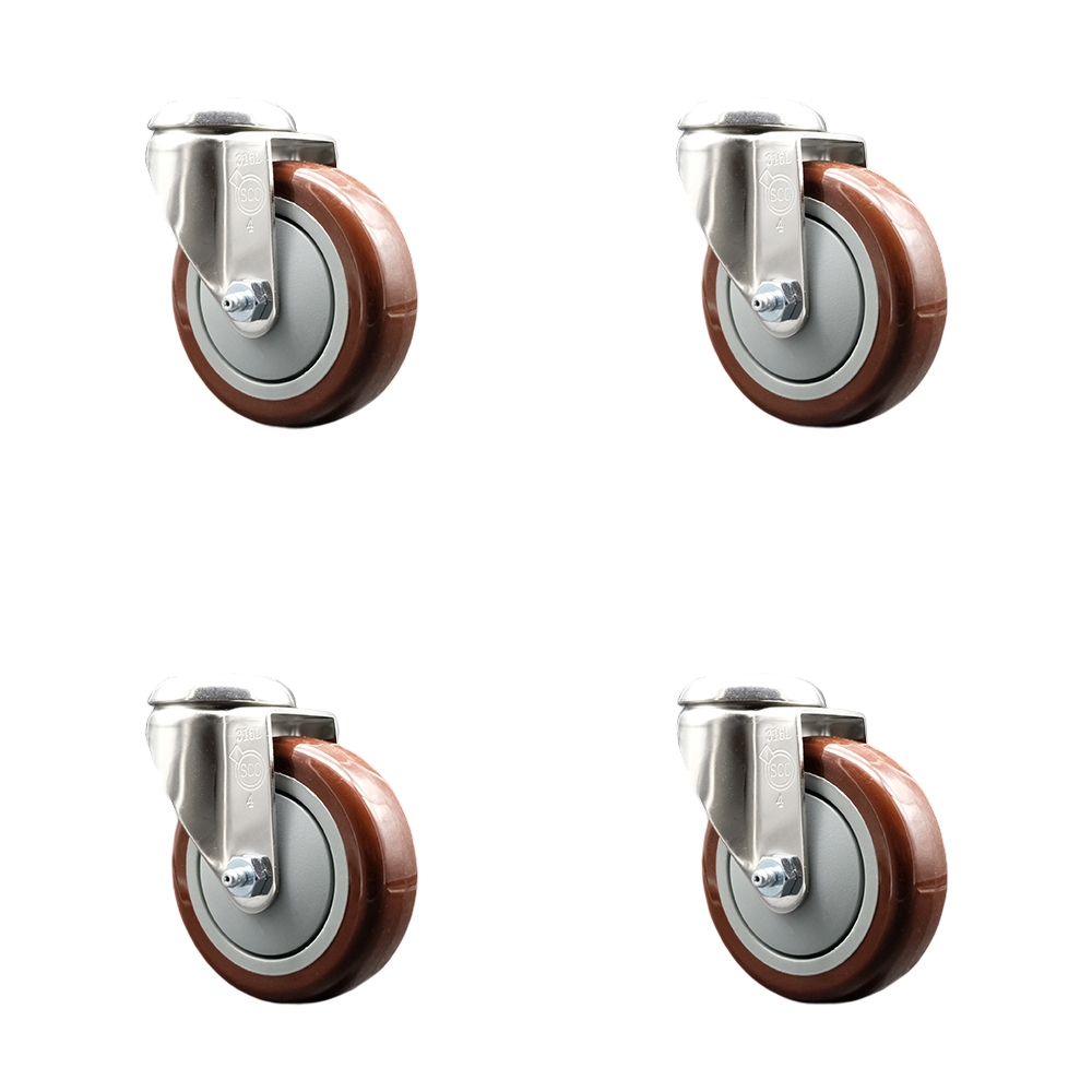 Polyurethane Swivel Bolt Hole Caster Set of 4 with 4 Inch Maroon Caster Wheels - 316 Stainless Steel Casters - Includes 4 Swivel Casters - 1,400 lbs. Total Capacity - Service Caster Brand — photo 1