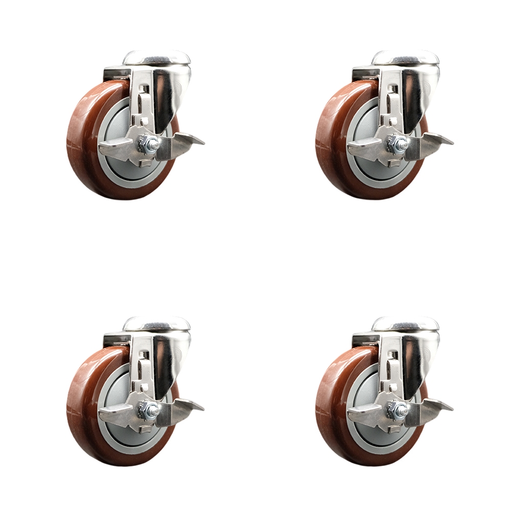 Polyurethane Swivel Bolt Hole Caster Set of 4 with 4 Inch Maroon Caster Wheels -316 Stainless Steel Casters-Includes 4 Swivel Casters with Top Lock Brakes-1,400lbs. Total Capacity-Service Caster Brand — photo 1
