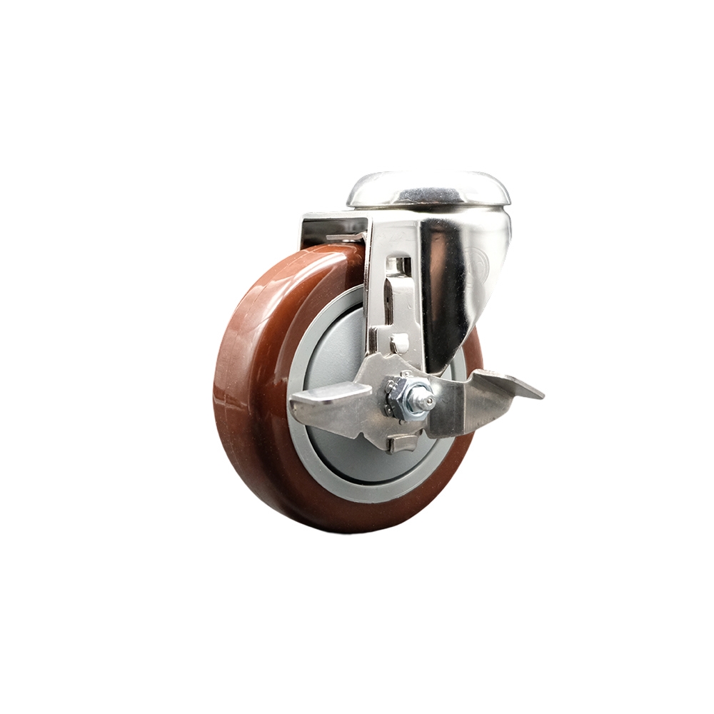 Polyurethane Swivel Bolt Hole Caster with 4 Inch Maroon Caster Wheel and Top Lock Brake - 316 Stainless Steel Caster - 350 lbs. Capacity Per Caster - Service Caster Brand — photo 1