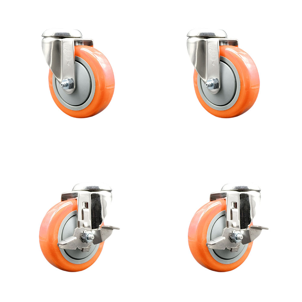 Polyurethane Swivel Bolt Hole Caster Set of 4 with 4 Inch Orange Caster Wheels - 316 Stainless Steel Casters - Includes 2 Swivel with Top Lock Brakes and 2 Swivel - Service Caster Brand — photo 1