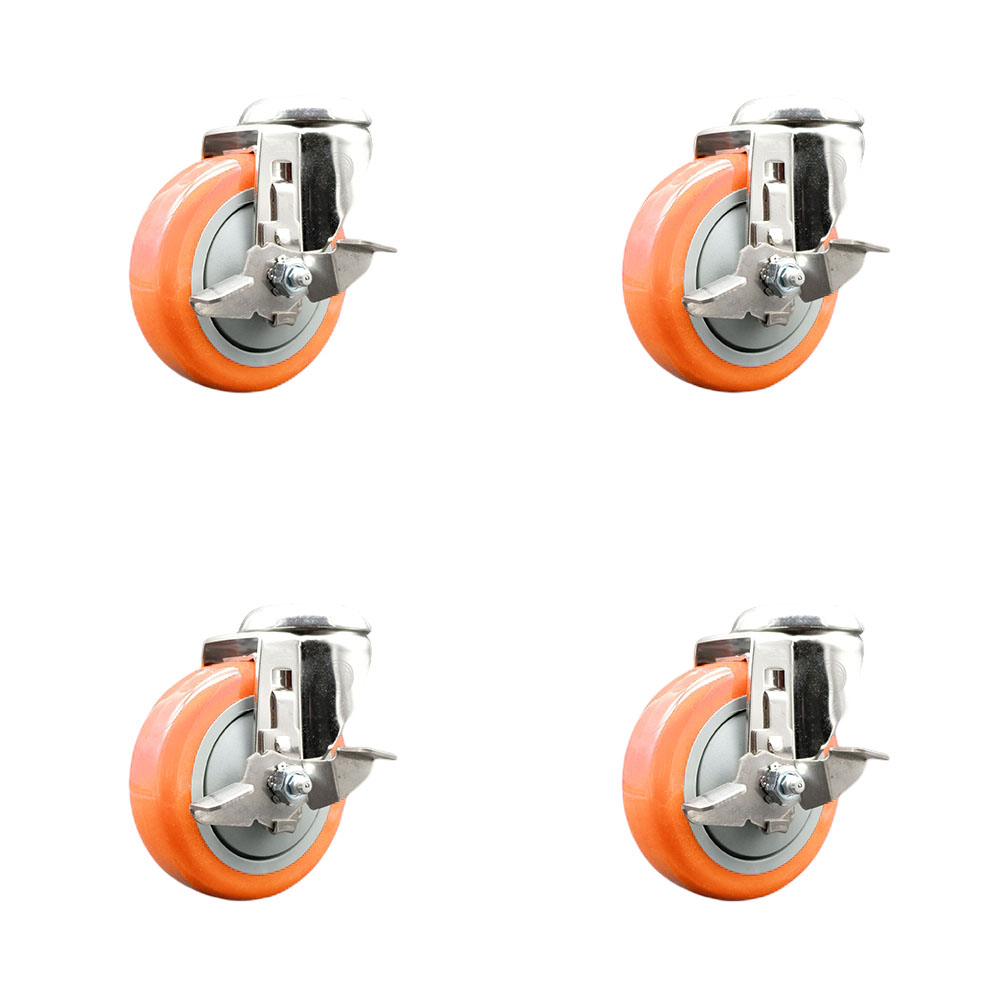 Polyurethane Swivel Bolt Hole Caster Set of 4 with 4 Inch Orange Caster Wheels -316 Stainless Steel Casters-Includes 4 Swivel Casters with Top Lock Brakes-1,400lbs. Total Capacity-Service Caster Brand — photo 1
