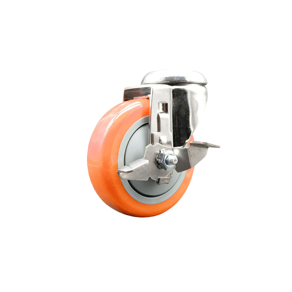 Polyurethane Swivel Bolt Hole Caster with 4 Inch Orange Caster Wheel and Top Lock Brake - 316 Stainless Steel Caster - 350 lbs. Capacity Per Caster - Service Caster Brand — photo 1