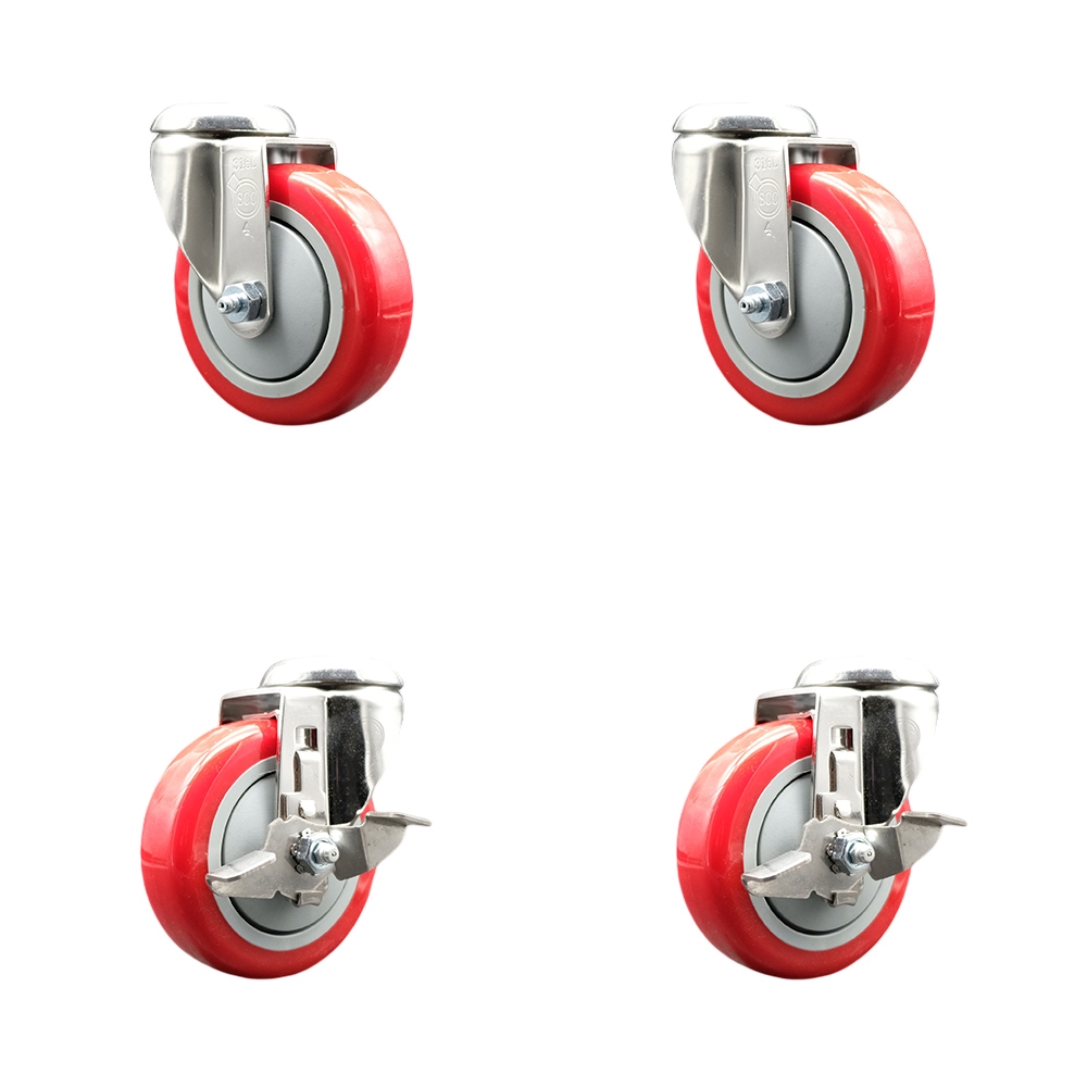Polyurethane Swivel Bolt Hole Caster Set of 4 with 4 Inch Red Caster Wheels - 316 Stainless Steel Casters - Includes 2 Swivel with Top Lock Brakes and 2 Swivel - Service Caster Brand — photo 1
