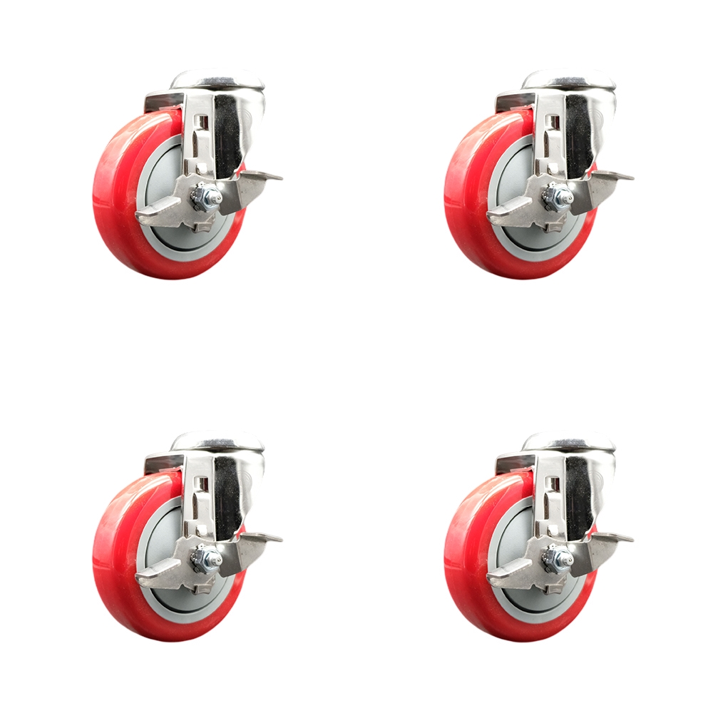 Polyurethane Swivel Bolt Hole Caster Set of 4 with 4 Inch Red Caster Wheels -316 Stainless Steel Casters-Includes 4 Swivel Casters with Top Lock Brakes-1,400 lbs. Total Capacity-Service Caster Brand — photo 1