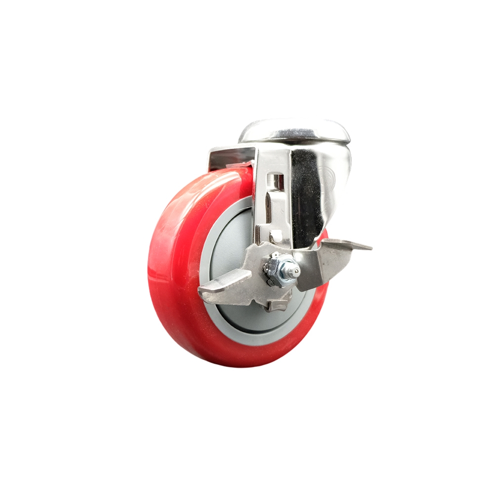 Polyurethane Swivel Bolt Hole Caster with 4 Inch Red Caster Wheel and Top Lock Brake - 316 Stainless Steel Caster - 350 lbs. Capacity Per Caster - Service Caster Brand — photo 1