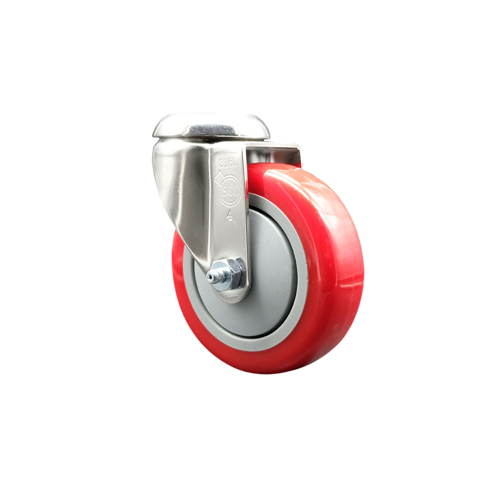 Polyurethane Swivel Bolt Hole Caster with 4 Inch Red Caster Wheel - 316 Stainless Steel Caster - 350 lbs. Capacity Per Caster - Service Caster Brand — photo 1