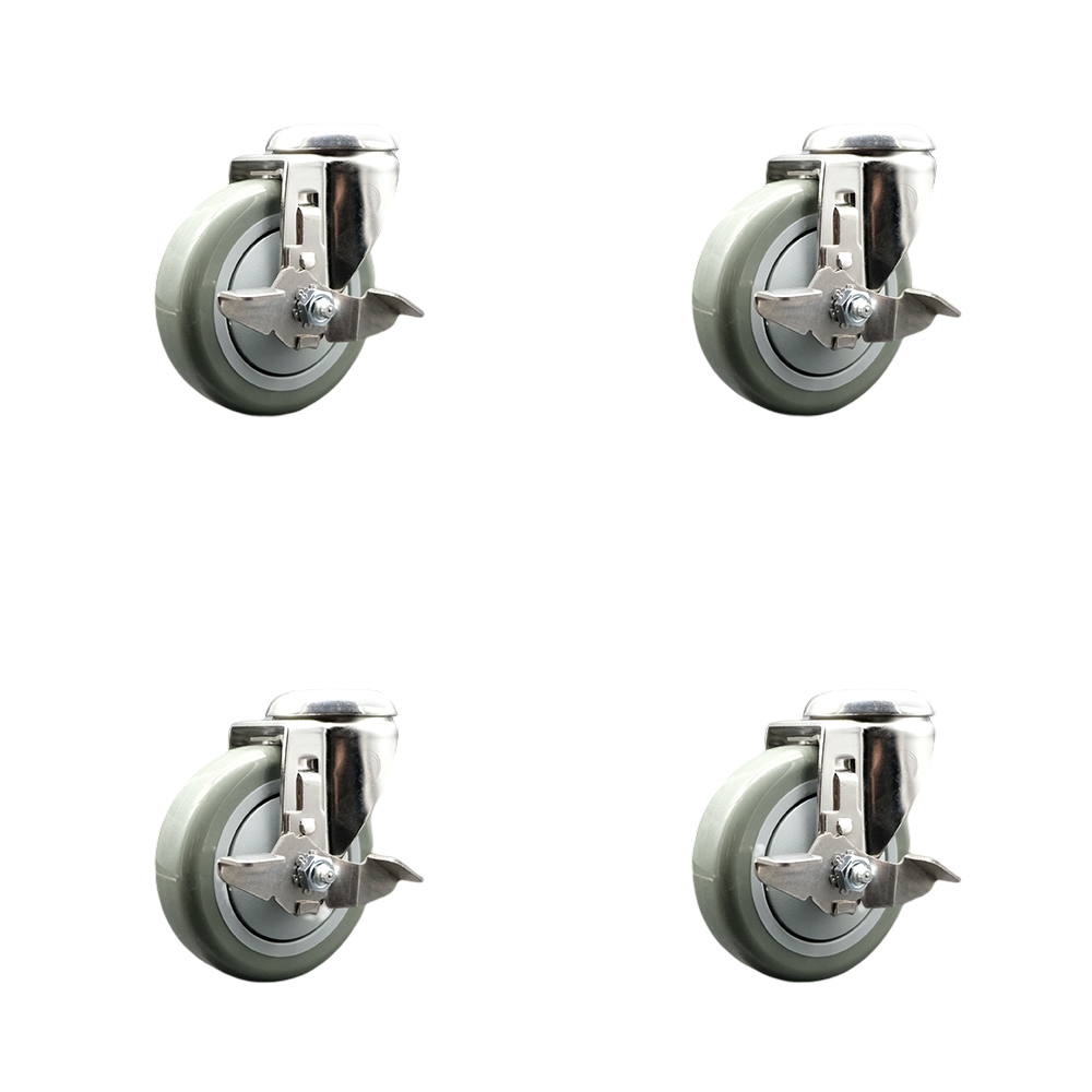 Polyurethane Swivel Bolt Hole Caster Set of 4 with 4 Inch Gray Caster Wheels -316 Stainless Steel Casters-Includes 4 Swivel Casters with Top Lock Brakes-1,400 lbs. Total Capacity-Service Caster Brand — photo 1