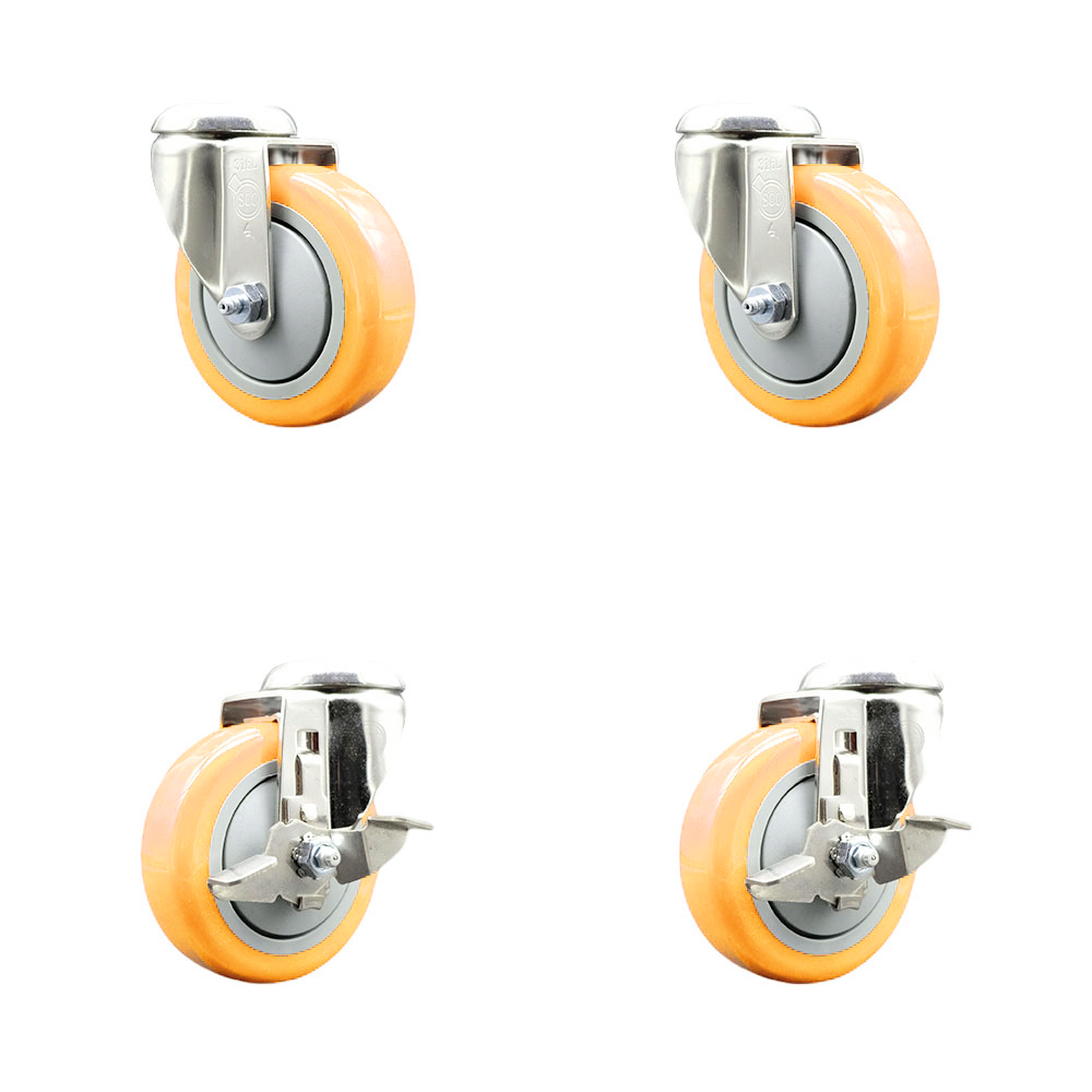 Polyurethane Swivel Bolt Hole Caster Set of 4 with 4 Inch Yellow Caster Wheels - 316 Stainless Steel Casters - Includes 2 Swivel with Top Lock Brakes and 2 Swivel - Service Caster Brand — photo 1