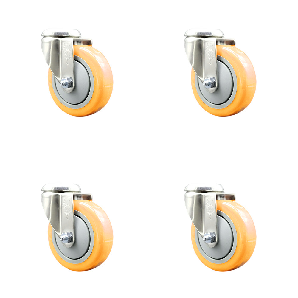 Polyurethane Swivel Bolt Hole Caster Set of 4 with 4 Inch Yellow Caster Wheels - 316 Stainless Steel Casters - Includes 4 Swivel Casters - 1,400 lbs. Total Capacity - Service Caster Brand — photo 1