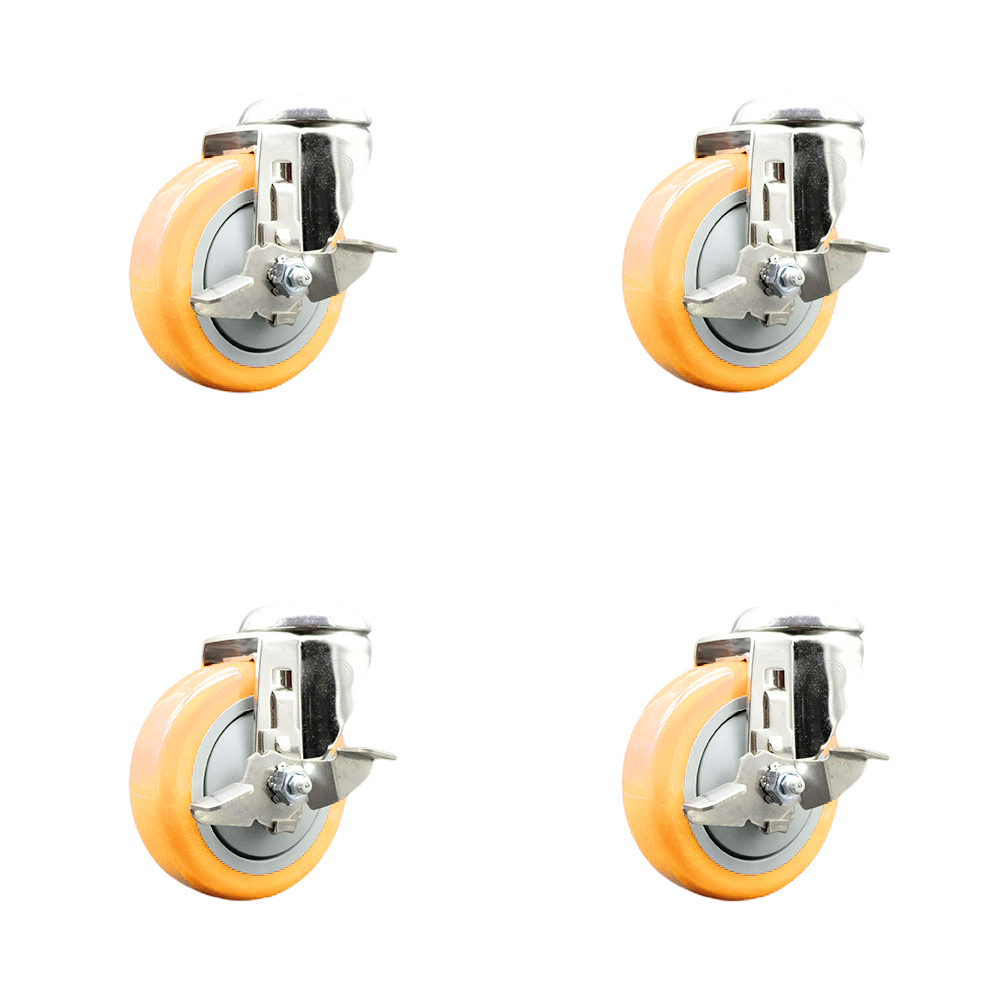 Polyurethane Swivel Bolt Hole Caster Set of 4 with 4 Inch Yellow Caster Wheels -316 Stainless Steel Casters-Includes 4 Swivel Casters with Top Lock Brakes-1,400lbs. Total Capacity-Service Caster Brand — photo 1