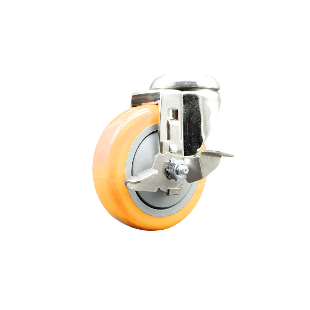Polyurethane Swivel Bolt Hole Caster with 4 Inch Yellow Caster Wheel and Top Lock Brake - 316 Stainless Steel Caster - 350 lbs. Capacity Per Caster - Service Caster Brand — photo 1