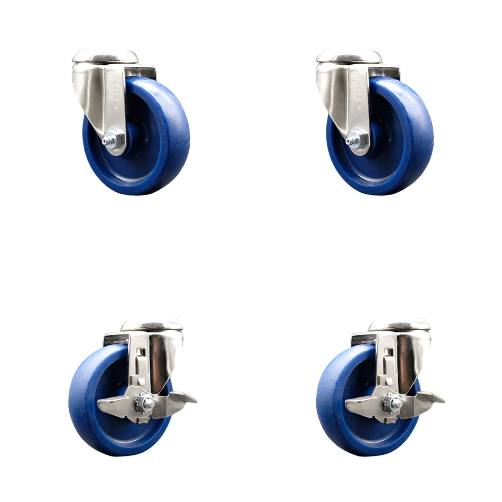 Solid Polyurethane Swivel Bolt Hole Caster Set of 4 with 4 Inch Blue Caster Wheels - 316 Stainless Steel Casters - Includes 2 Swivel with Top Lock Brakes and 2 Swivel - Service Caster Brand — photo 1