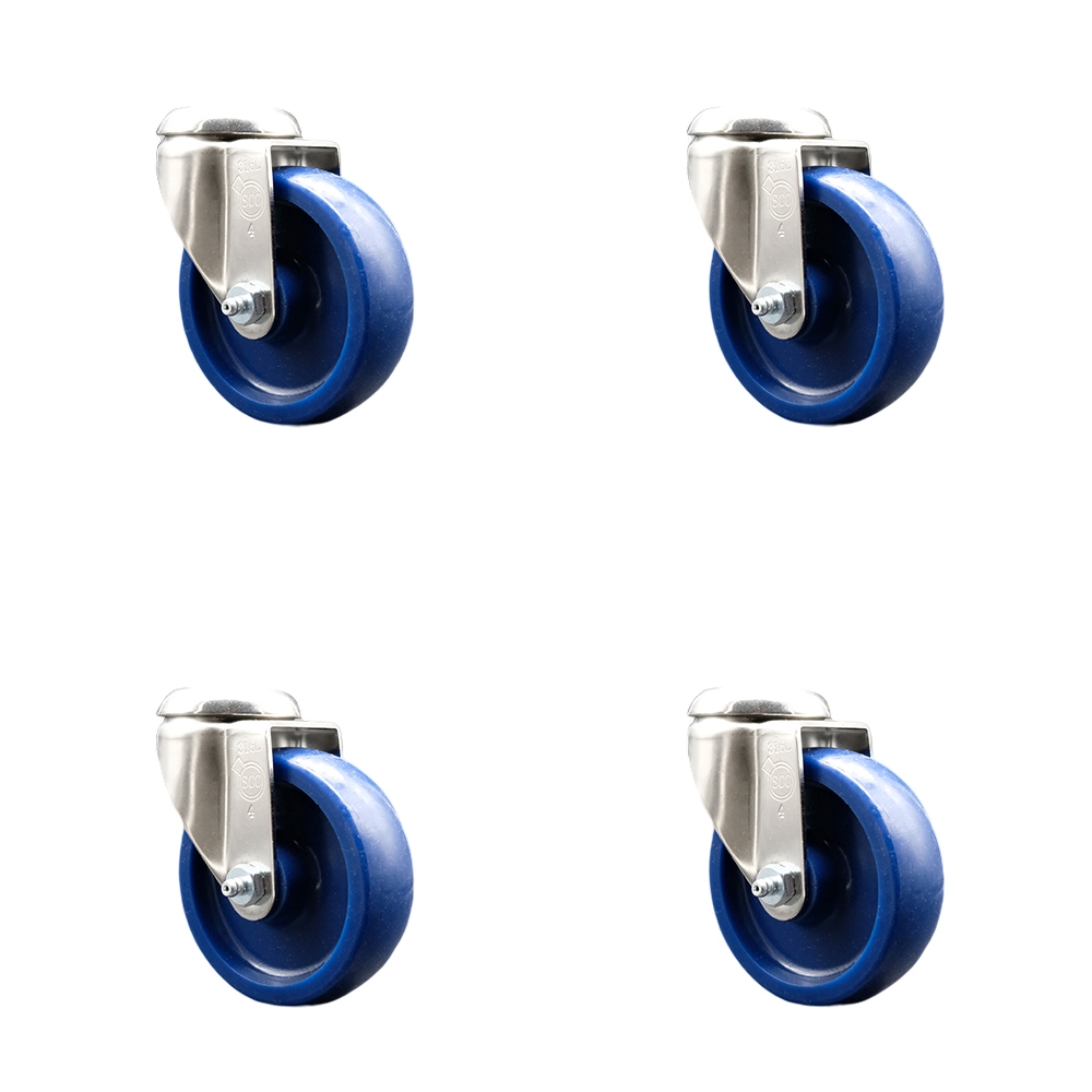 Solid Polyurethane Swivel Bolt Hole Caster Set of 4 with 4 Inch Blue Caster Wheels - 316 Stainless Steel Casters - Includes 4 Swivel Casters - 1,200 lbs. Total Capacity - Service Caster Brand — photo 1