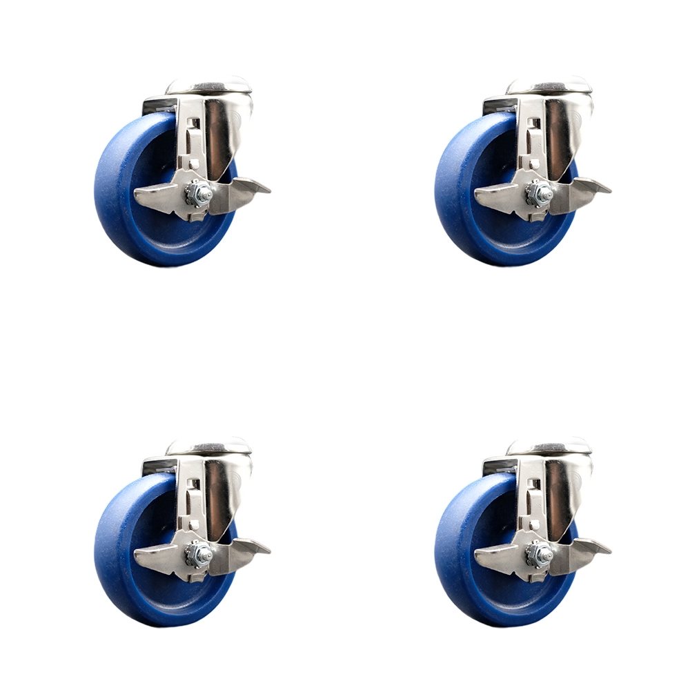 Solid Poly Swivel Bolt Hole Caster Set of 4 with 4 Inch Blue Caster Wheels -316 Stainless Steel Casters-Includes 4 Swivel Casters with Top Lock Brakes - 1,200lbs. Total Capacity - Service Caster Brand — photo 1
