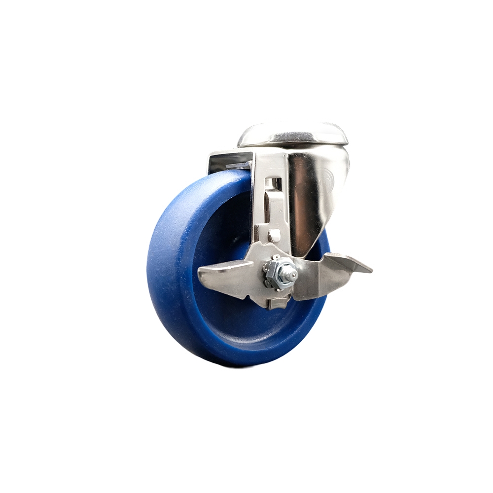 Solid Polyurethane Swivel Bolt Hole Caster with 4 Inch Blue Caster Wheel and Top Lock Brake - 316 Stainless Steel Caster - 300 lbs. Capacity Per Caster - Service Caster Brand — photo 1