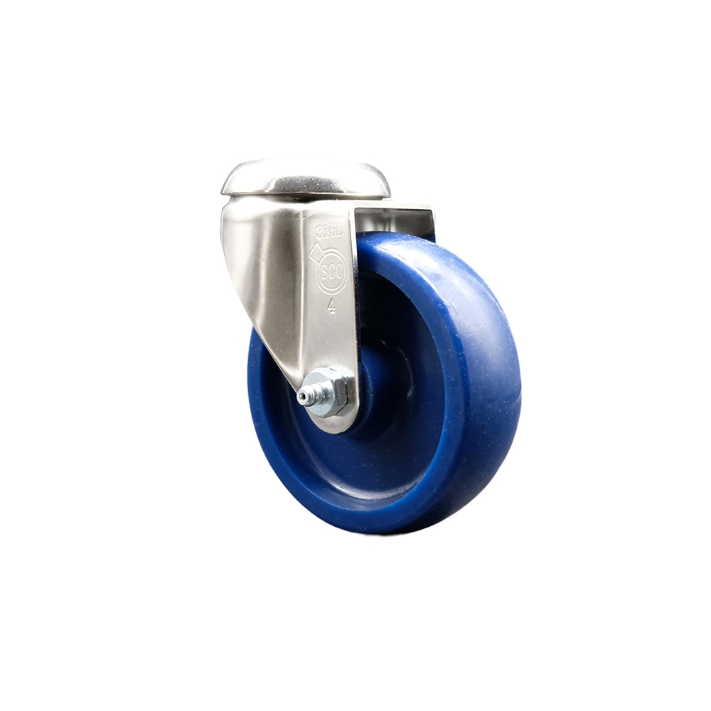 Solid Polyurethane Swivel Bolt Hole Caster with 4 Inch Blue Caster Wheel - 316 Stainless Steel Caster - 300 lbs. Capacity Per Caster - Service Caster Brand — photo 1