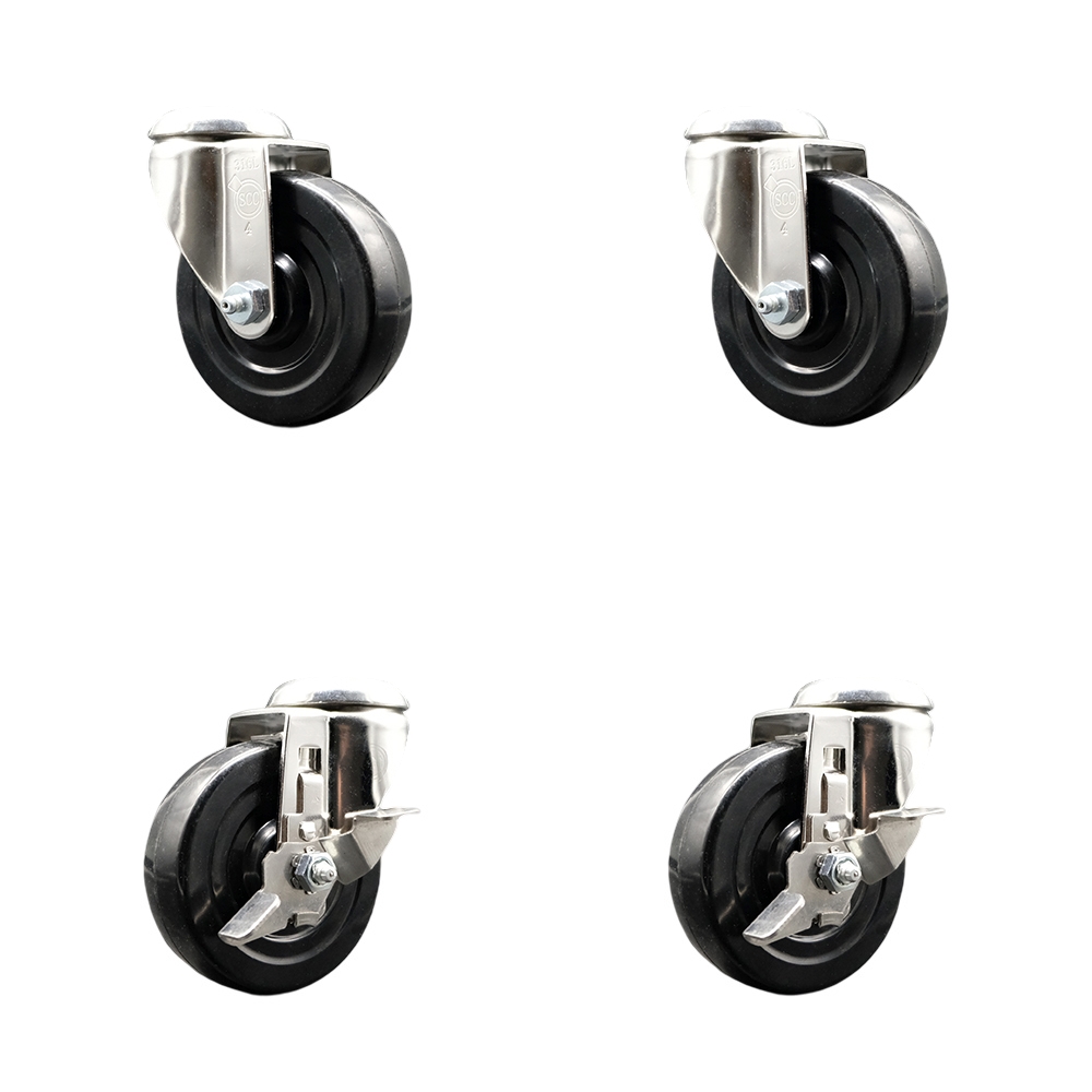 Soft Rubber Swivel Bolt Hole Caster Set of 4 with 4 Inch Black Caster Wheels - 316 Stainless Steel Casters - Includes 2 Swivel with Top Lock Brakes and 2 Swivel - Service Caster Brand — photo 1