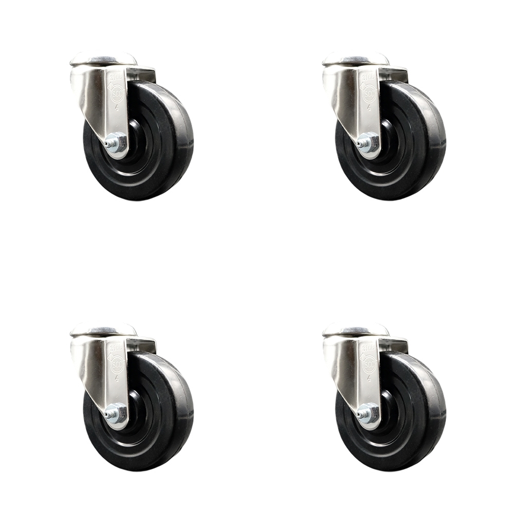 Soft Rubber Swivel Bolt Hole Caster Set of 4 with 4 Inch Black Caster Wheels - 316 Stainless Steel Casters - Includes 4 Swivel Casters - 800 lbs. Total Capacity - Service Caster Brand — photo 1
