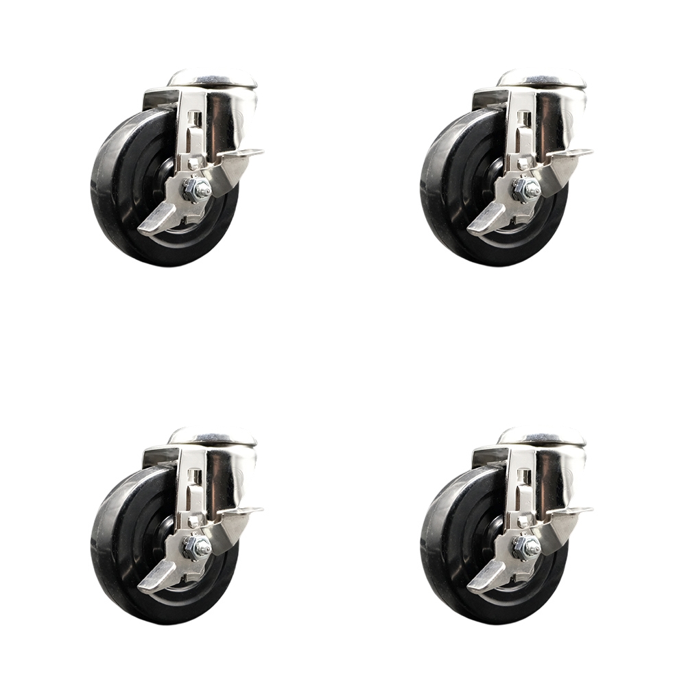 Soft Rubber Swivel Bolt Hole Caster Set of 4 with 4 Inch Black Caster Wheels -316 Stainless Steel Casters-Includes 4 Swivel Casters with Top Lock Brakes - 800lbs. Total Capacity - Service Caster Brand — photo 1