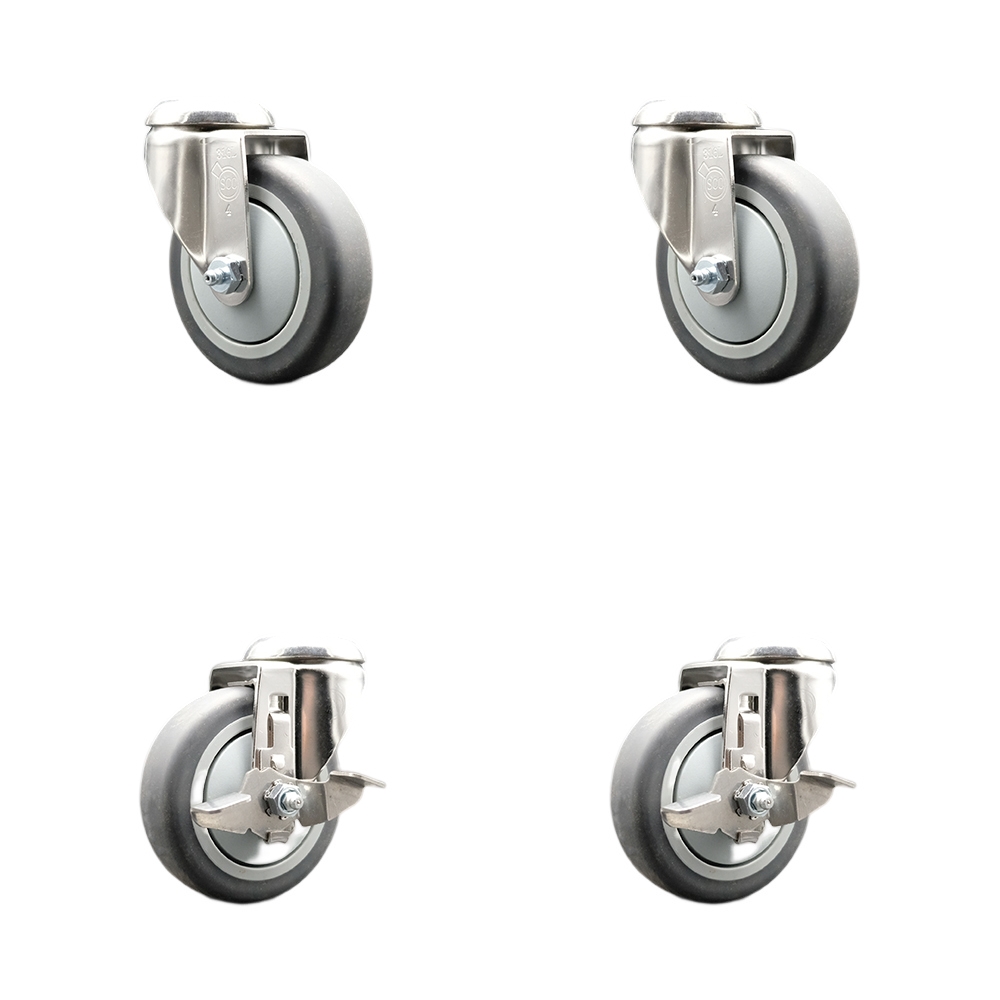 Thermoplastic Rubber Swivel Bolt Hole Caster Set of 4 with 4 Inch Gray Caster Wheels - 316 Stainless Steel Casters - Includes 2 Swivel with Top Lock Brakes and 2 Swivel - Service Caster Brand — photo 1