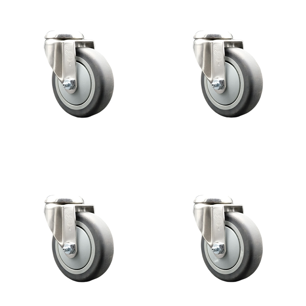 Thermoplastic Rubber Swivel Bolt Hole Caster Set of 4 with 4 Inch Gray Caster Wheels - 316 Stainless Steel Casters - Includes 4 Swivel Casters - 1,000 lbs. Total Capacity - Service Caster Brand — photo 1