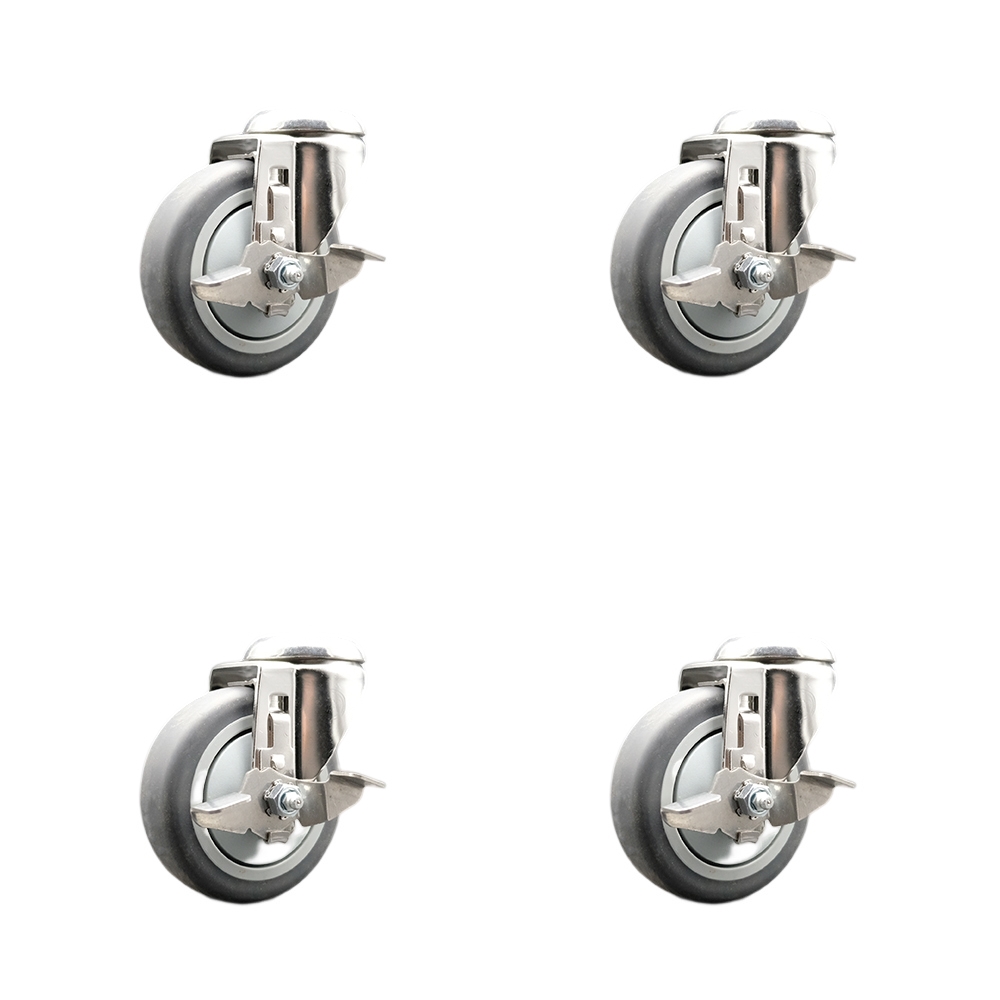 Thermoplastic Rubber Swivel Bolt Hole Caster Set of 4 with 4 Inch Caster Wheels-316 Stainless Steel Casters-Includes 4 Swivel Casters with Top Lock Brakes-1,000lbs. Total Capacity-Service Caster Brand — photo 1