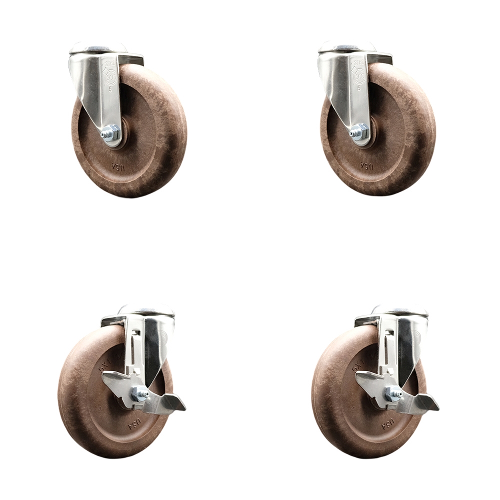 High Temp Glass Filled Nylon Swivel Bolt Hole Caster Set of 4 with 5 Inch Brown Caster Wheels - 316 Stainless Steel Casters - Includes 2 Swivel with Top Lock Brakes and 2 Swivel - Service Caster Brand — photo 1
