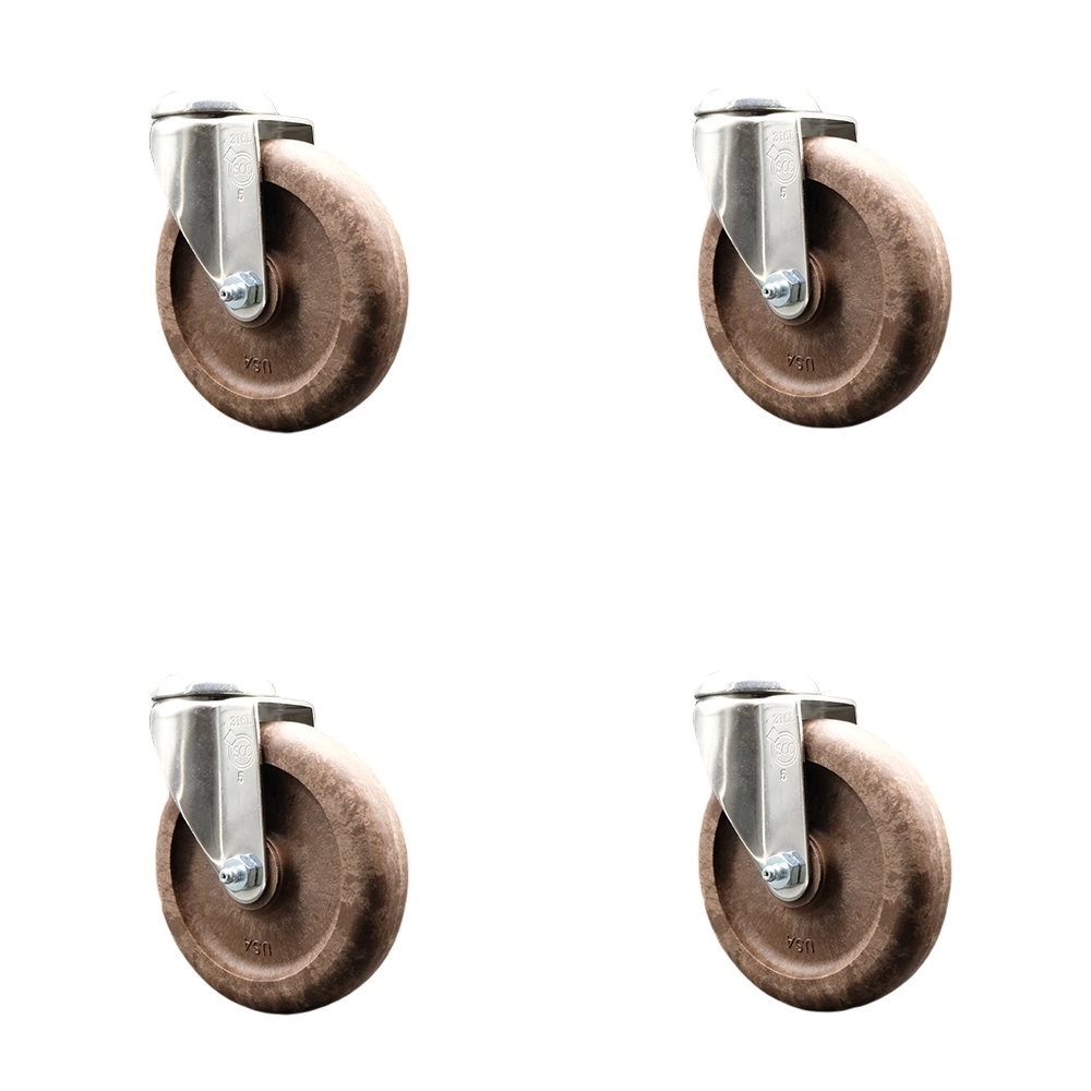 High Temp Glass Filled Nylon Swivel Bolt Hole Caster Set of 4 with 5 Inch Brown Caster Wheels - 316 Stainless Steel Casters - Includes 4 Swivel Casters - 1,400 lbs. Total Capacity-Service Caster Brand — photo 1