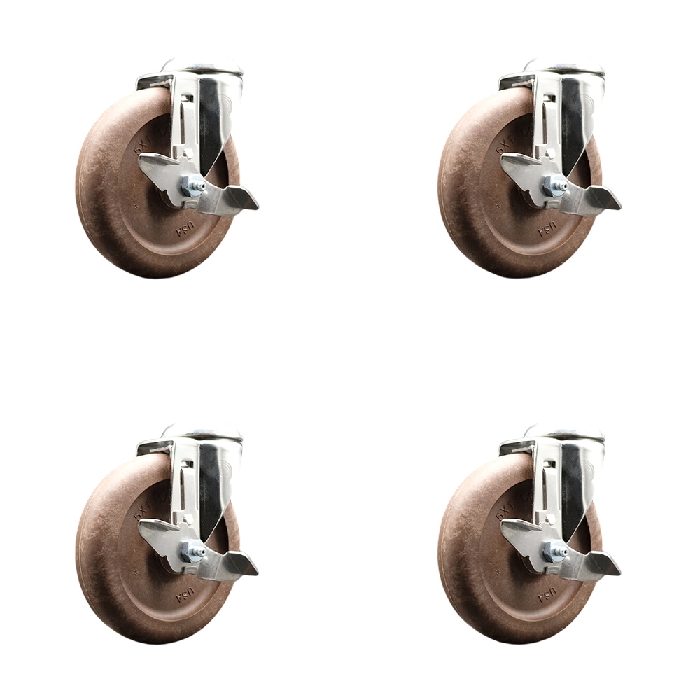 High Temp Glass Filled Nylon Swivel Bolt Hole Caster Set of 4 with 5 Inch Brown Caster Wheels - 316 Stainless Steel Casters - Includes 4 Swivel Casters with Top Lock Brakes - Service Caster Brand — photo 1