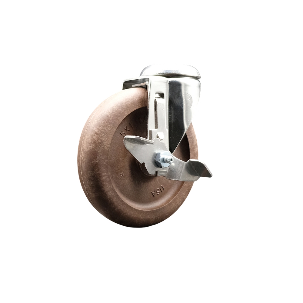 High Temperature Glass Filled Nylon Swivel Bolt Hole Caster with 5 Inch Brown Caster Wheel and Top Lock Brake - 316 Stainless Steel Caster - 350 lbs. Capacity Per Caster - Service Caster Brand — photo 1