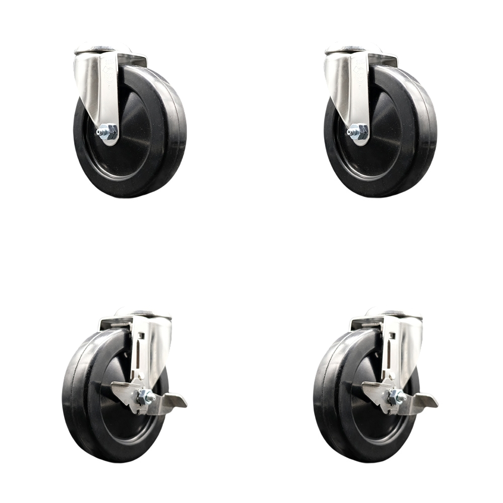 Hard Rubber Swivel Bolt Hole Caster Set of 4 with 5 Inch Black Caster Wheels - 316 Stainless Steel Casters - Includes 2 Swivel with Top Lock Brakes and 2 Swivel - Service Caster Brand — photo 1