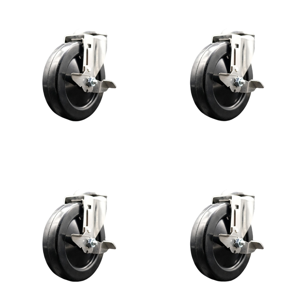 Hard Rubber Swivel Bolt Hole Caster Set of 4 with 5 Inch Black Caster Wheels - 316 Stainless Steel Casters-Includes 4 Swivel Casters with Top Lock Brakes-1,200 lbs. Total Capacity-Service Caster Brand — photo 1