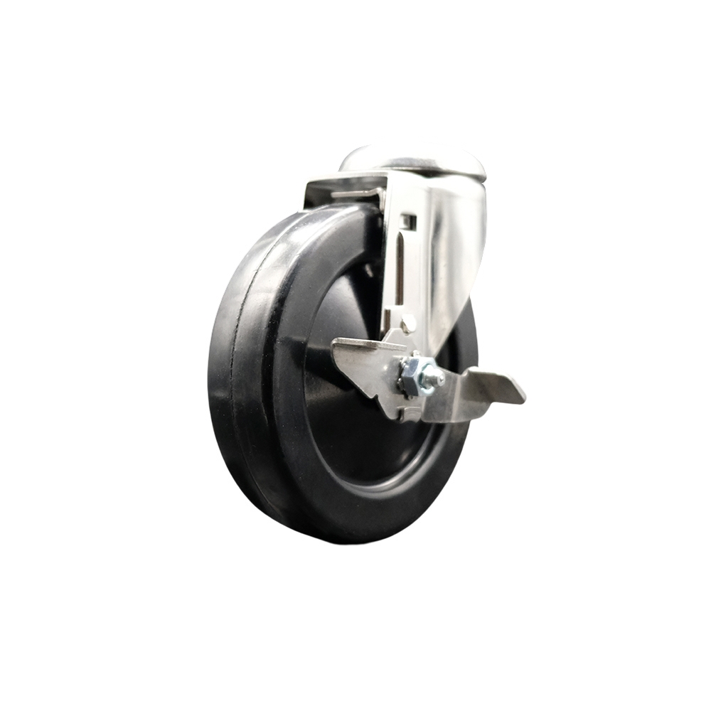 Hard Rubber Swivel Bolt Hole Caster with 5 Inch Black Caster Wheel and Top Lock Brake - 316 Stainless Steel Caster - 300 lbs. Capacity Per Caster - Service Caster Brand — photo 1