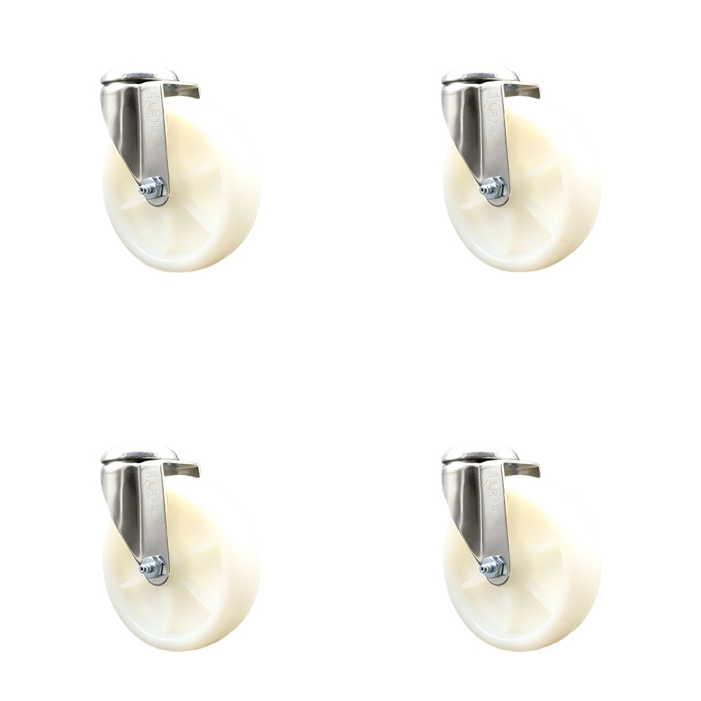 Nylon Swivel Bolt Hole Caster Set of 4 with 5 Inch White Caster Wheels - 316 Stainless Steel Casters - Includes 4 Swivel Casters - 1,200 lbs. Total Capacity - Service Caster Brand — photo 1