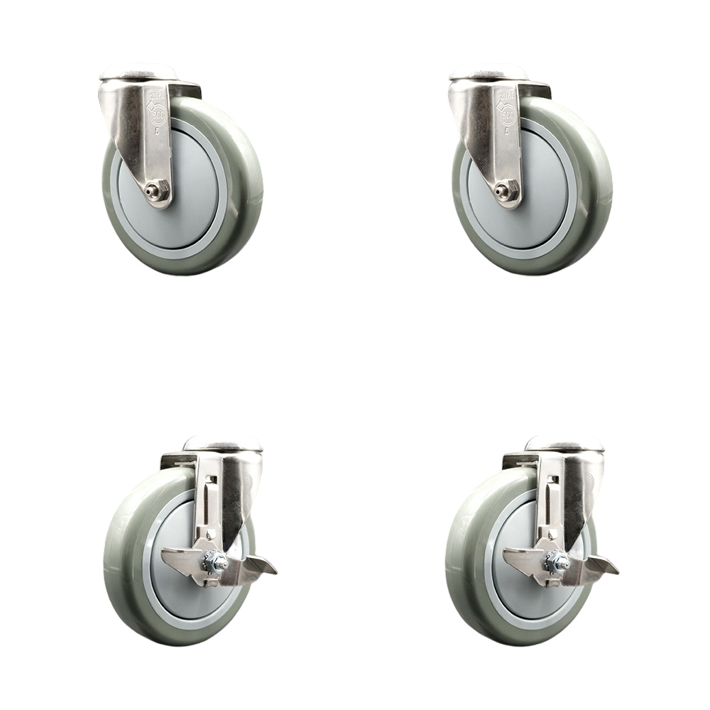 Polyurethane Swivel Bolt Hole Caster Set of 4 with 5 Inch Gray Caster Wheels - 316 Stainless Steel Casters - Includes 2 Swivel with Top Lock Brakes and 2 Swivel - Service Caster Brand — photo 1