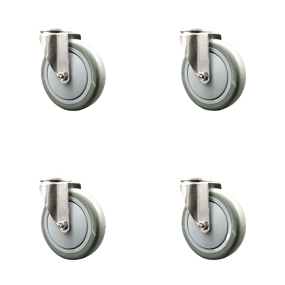 Polyurethane Swivel Bolt Hole Caster Set of 4 with 5 Inch Gray Caster Wheels - 316 Stainless Steel Casters - Includes 4 Swivel Casters - 1,400 lbs. Total Capacity - Service Caster Brand — photo 1