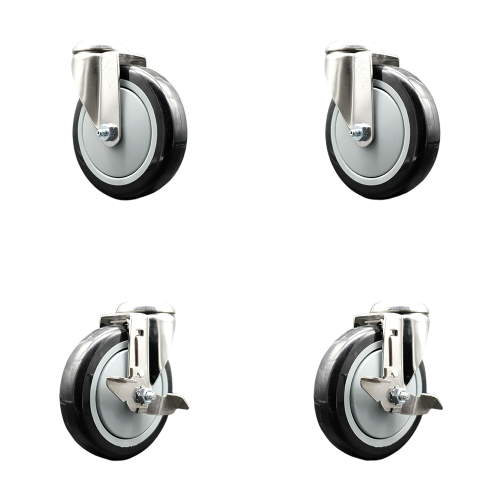 Polyurethane Swivel Bolt Hole Caster Set of 4 with 5 Inch Black Caster Wheels - 316 Stainless Steel Casters - Includes 2 Swivel with Top Lock Brakes and 2 Swivel - Service Caster Brand — photo 1