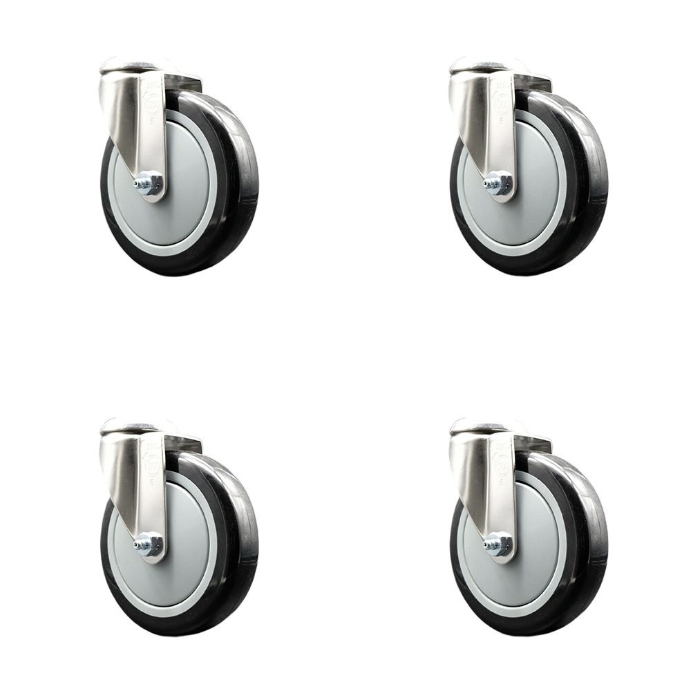 Polyurethane Swivel Bolt Hole Caster Set of 4 with 5 Inch Black Caster Wheels - 316 Stainless Steel Casters - Includes 4 Swivel Casters - 1,400 lbs. Total Capacity - Service Caster Brand — photo 1