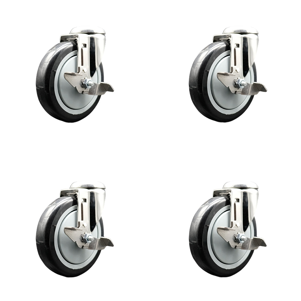 Polyurethane Swivel Bolt Hole Caster Set of 4 with 5 Inch Black Caster Wheels -316 Stainless Steel Casters-Includes 4 Swivel Casters with Top Lock Brakes-1,400 lbs. Total Capacity-Service Caster Brand — photo 1