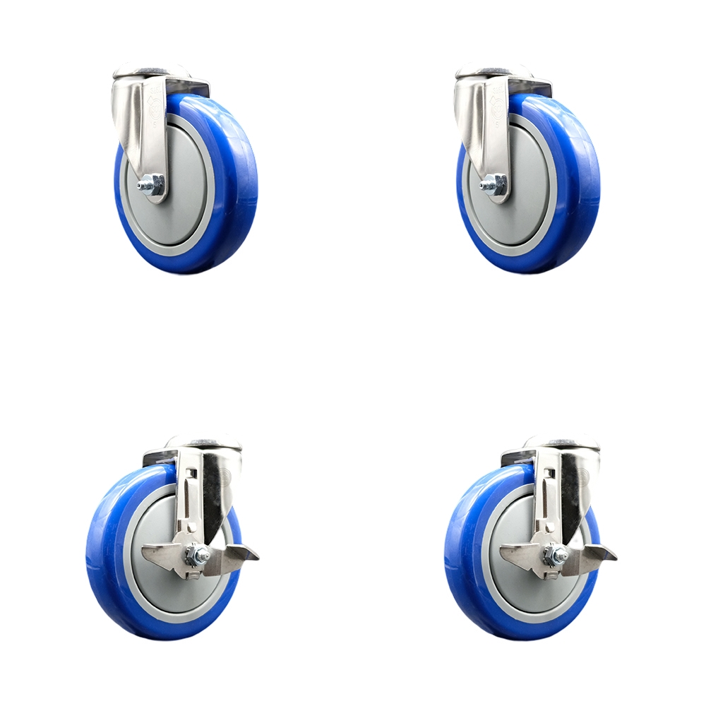 Polyurethane Swivel Bolt Hole Caster Set of 4 with 5 Inch Blue Caster Wheels - 316 Stainless Steel Casters - Includes 2 Swivel with Top Lock Brakes and 2 Swivel - Service Caster Brand — photo 1