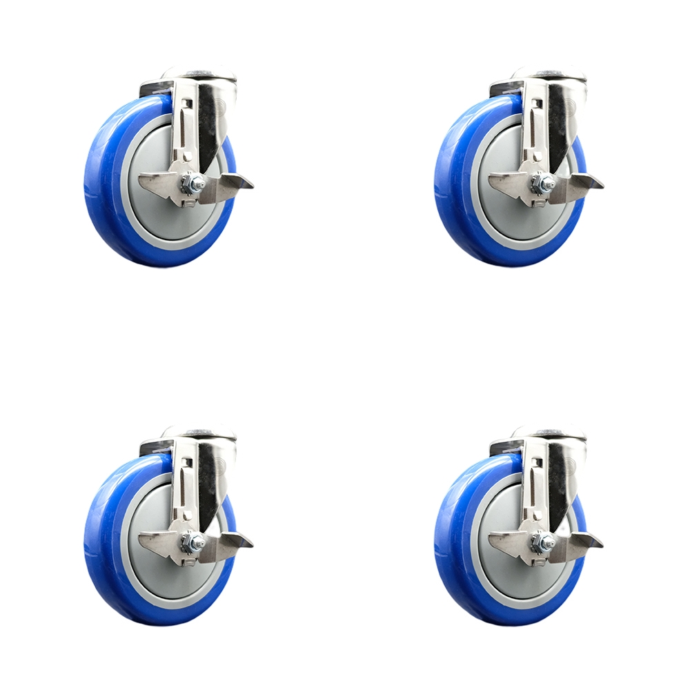 Polyurethane Swivel Bolt Hole Caster Set of 4 with 5 Inch Blue Caster Wheels -316 Stainless Steel Casters-Includes 4 Swivel Casters with Top Lock Brakes-1,400 lbs. Total Capacity-Service Caster Brand — photo 1