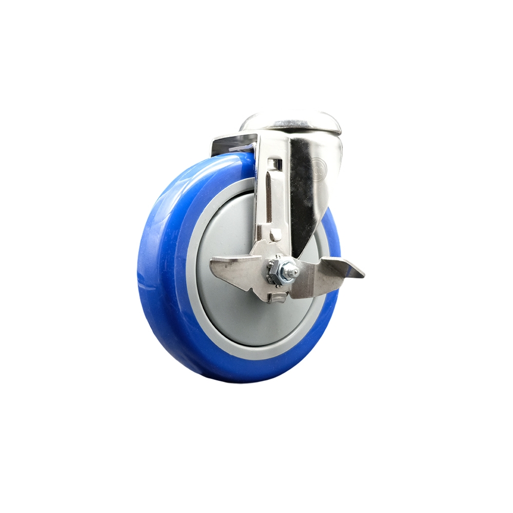 Polyurethane Swivel Bolt Hole Caster with 5 Inch Blue Caster Wheel and Top Lock Brake - 316 Stainless Steel Caster - 350 lbs. Capacity Per Caster - Service Caster Brand — photo 1
