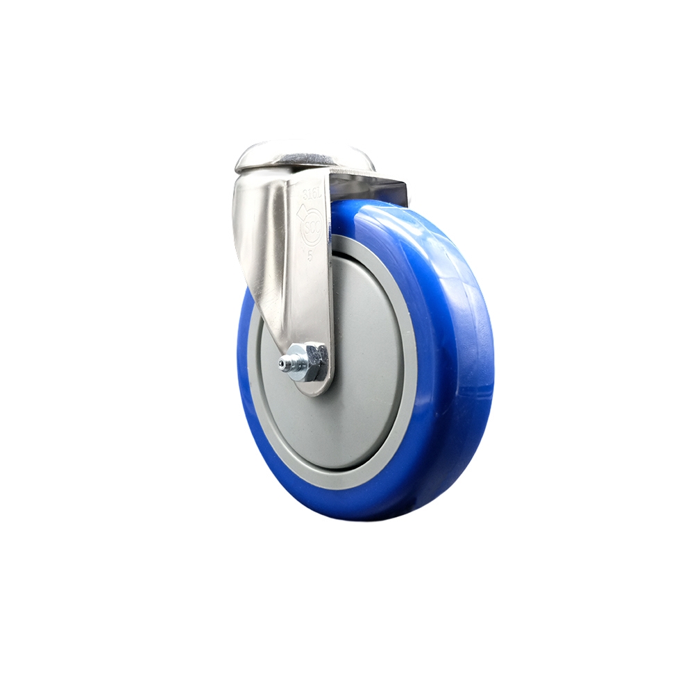 Polyurethane Swivel Bolt Hole Caster with 5 Inch Blue Caster Wheel - 316 Stainless Steel Caster - 350 lbs. Capacity Per Caster - Service Caster Brand — photo 1