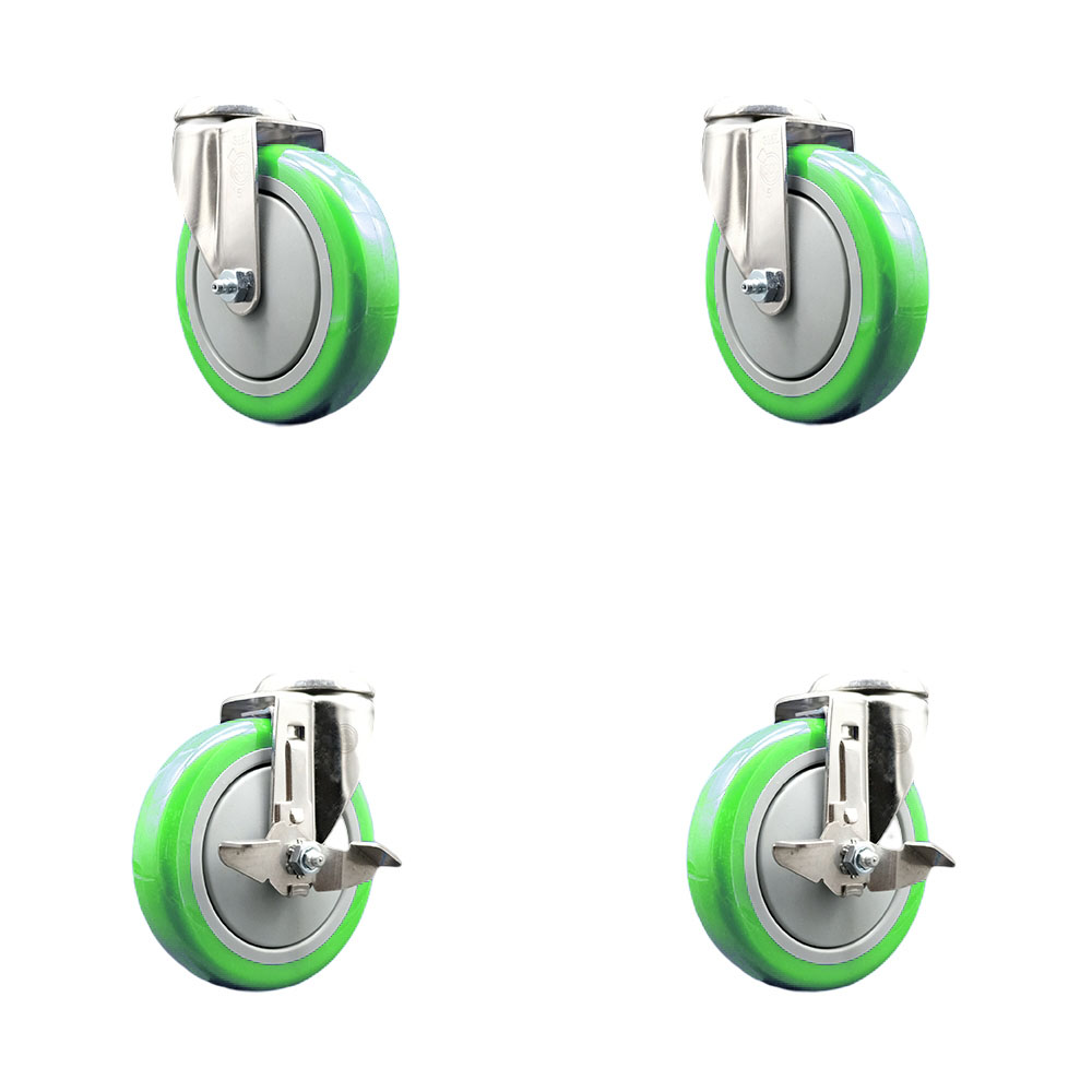 Polyurethane Swivel Bolt Hole Caster Set of 4 with 5 Inch Green Caster Wheels - 316 Stainless Steel Casters - Includes 2 Swivel with Top Lock Brakes and 2 Swivel - Service Caster Brand — photo 1