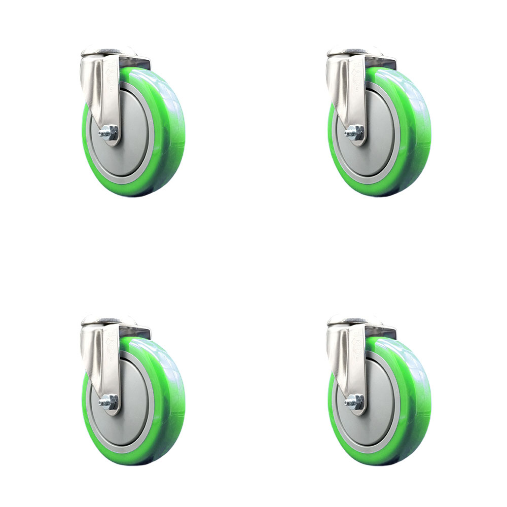 Polyurethane Swivel Bolt Hole Caster Set of 4 with 5 Inch Green Caster Wheels - 316 Stainless Steel Casters - Includes 4 Swivel Casters - 1,400 lbs. Total Capacity - Service Caster Brand — photo 1