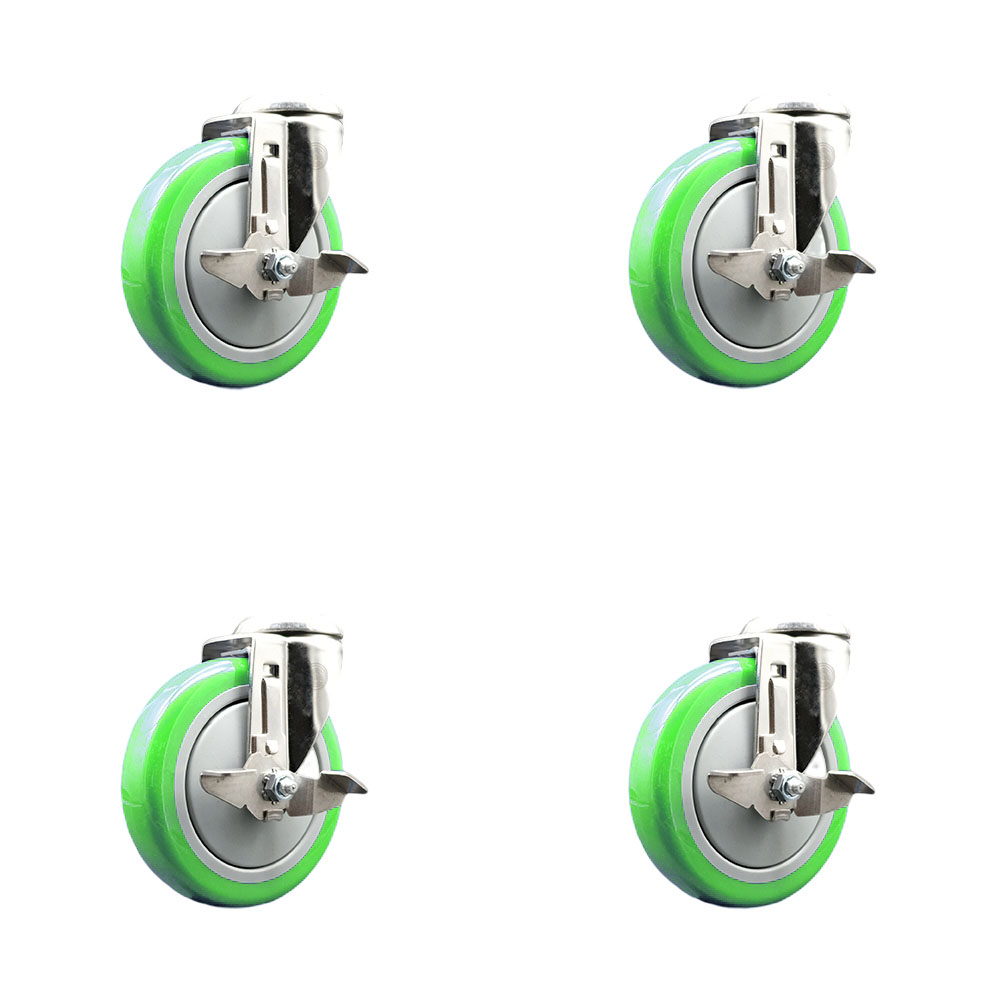 Polyurethane Swivel Bolt Hole Caster Set of 4 with 5 Inch Green Caster Wheels -316 Stainless Steel Casters-Includes 4 Swivel Casters with Top Lock Brakes-1,400 lbs. Total Capacity-Service Caster Brand — photo 1