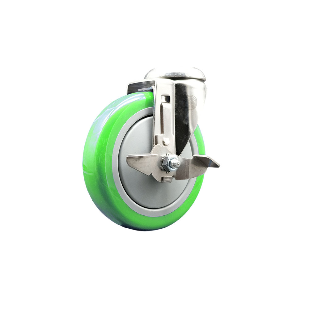 Polyurethane Swivel Bolt Hole Caster with 5 Inch Green Caster Wheel and Top Lock Brake - 316 Stainless Steel Caster - 350 lbs. Capacity Per Caster - Service Caster Brand — photo 1