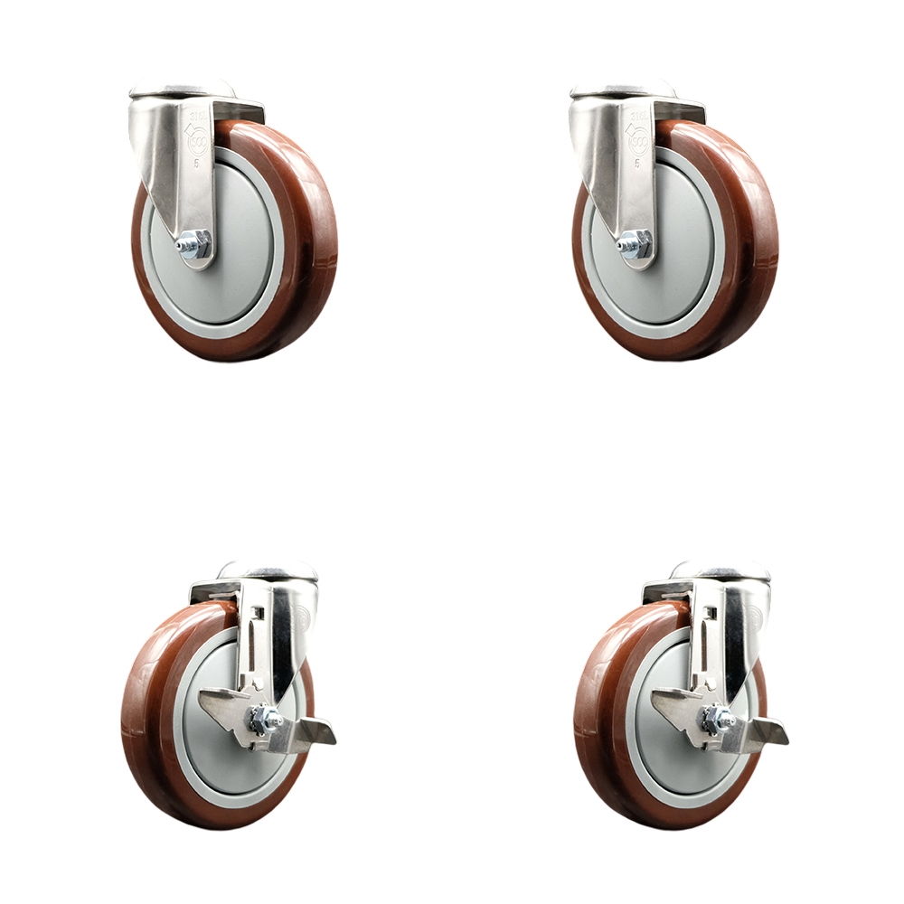Polyurethane Swivel Bolt Hole Caster Set of 4 with 5 Inch Maroon Caster Wheels - 316 Stainless Steel Casters - Includes 2 Swivel with Top Lock Brakes and 2 Swivel - Service Caster Brand — photo 1