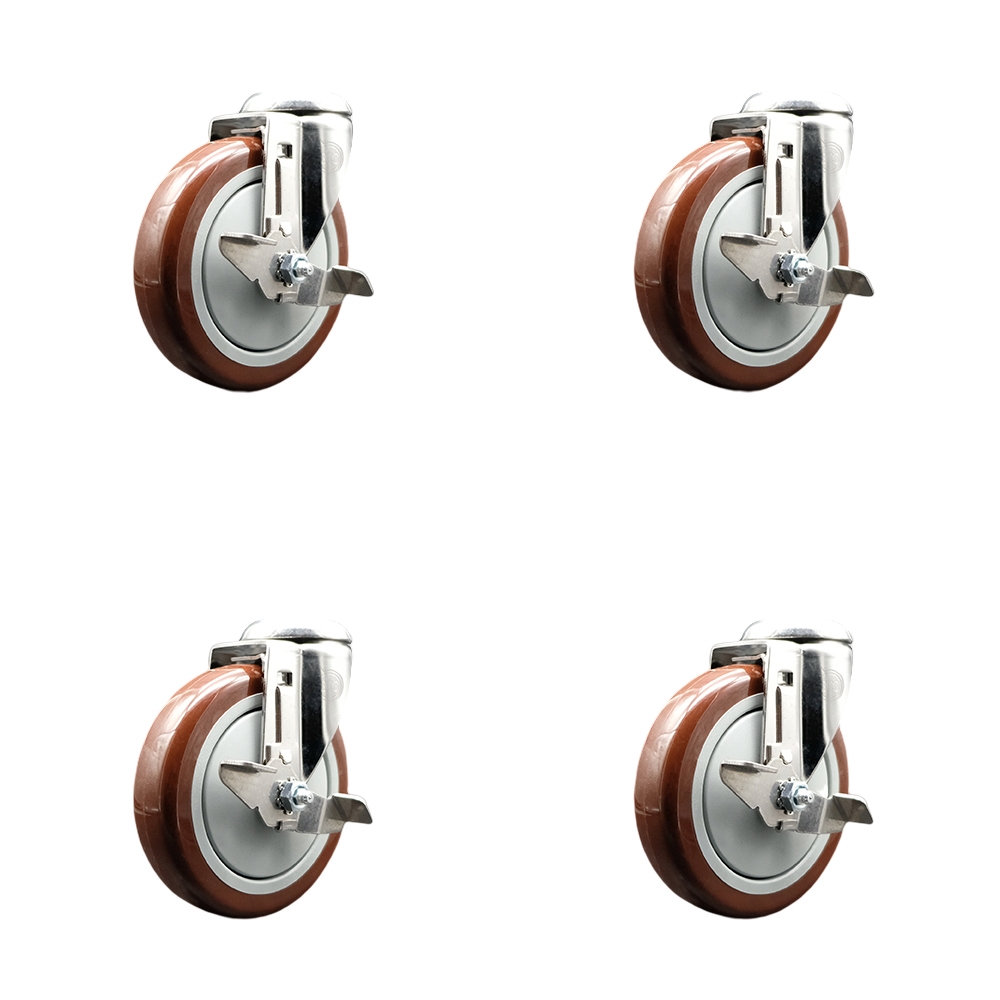 Polyurethane Swivel Bolt Hole Caster Set of 4 with 5 Inch Maroon Caster Wheels -316 Stainless Steel Casters-Includes 4 Swivel Casters with Top Lock Brakes-1,400lbs. Total Capacity-Service Caster Brand — photo 1